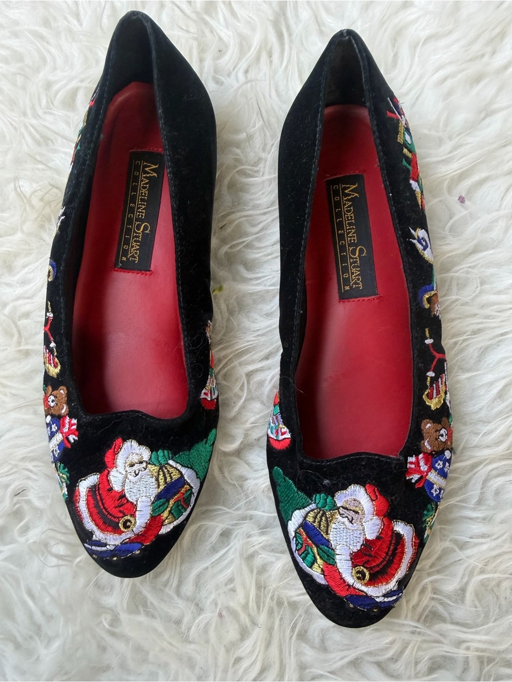 Madeline Stuart Black Velvet Embroidered Santa & Holiday Motif Flats
